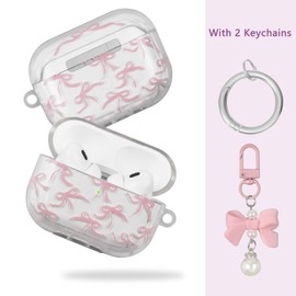AIIEKZ Compatible with AirPods Pro 2 Case Cover 2022, Soft TPU with Cute Flower Pattern for AirPods Pro 2nd/1st Generation Case with Flower Keychain and Carabiner for Girls Women (Pink Bow)