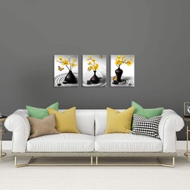 Zlove Bathroom Wall Art Zen Meditation Stone Wall Decor Yellow Flower Butterfly Picture Print for Spa Message Yoga Room, 12"X16", 3Pcs