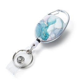 Badge Reels Retractable，Double Sided Color Print Pattern Retractable Badge Holders，with Retractable Keychain, Badge Clip and Key Ring，Durable Nylon Retractable Rope，Green Marble