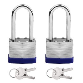 Padlock with Keys, 40mm Steel, Long Shackle, Blue, 2-Pack, Weatherproof