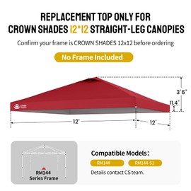 CROWN SHADES 12x12 Canopy Replacement Top - Only Compatible with Crown Shades RM144 Series, Silver Coated with Air Vent, Red (Top Only)