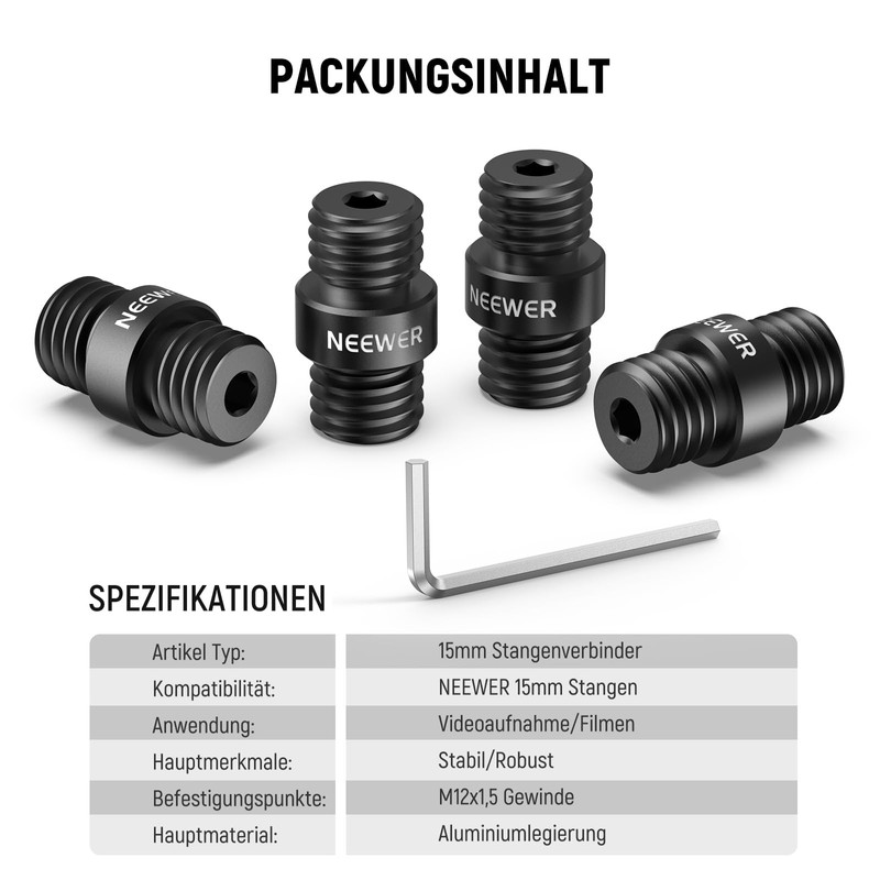 NEEWER Rod Connection 15 mm, Pack of 4, M12 x