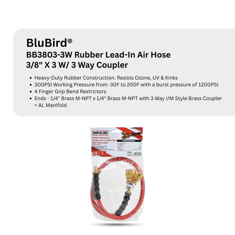 BluBird RB3803-3W 3/8" x 3' Lead-in Rubber Air Hose with
