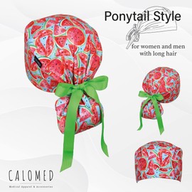 CALOMED Scrub Cap for Women and Men, Ponytail Scrub Caps, Working Hat, Head Cover with Ribbon Ties and Buttons, Long Hair (Watermelons)