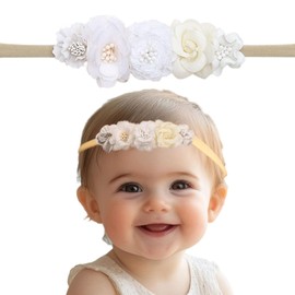 Kenjudess Baby Girl Floral Headbands Elastic Nylon Flower Beads Hairbands Fabric Leaves Head Wrap for Newborn Toddler Infant Hair Accessories (White, Standard Small)