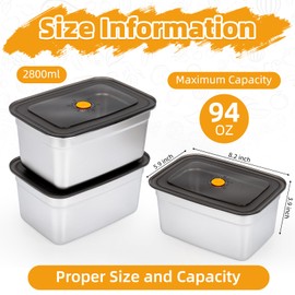 fecoqi 3 PCS Stainless Steel Food Storage Containers(94oz) with Lids Leak Proof & Airtight | Stainless steel freezer Containers,Airtight Bento Lunch Box,For Meal Prep,Fruit,Snack,Freezer