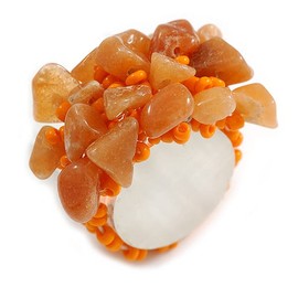 Avalaya Orange Glass Bead and Semiprecious Stone Cluster Band Style Flex Ring/Size M