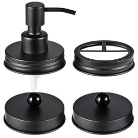 Komashr Mason Jar Bathroom Accessories Lids Set(4pcs) - Jars Not Included - Soap Dispenser, Apothecary Jars Lids for Regular Mouth Mason Jars, Wide Mouth Toothbrush Holder lid,-Stainless Steel,Black