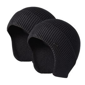 Winter Beanie Hats for Men Outdoor Stretchy Knit Ski Caps with Earflap Windproof (2, Black+Black)