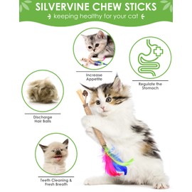 TINDTOP Silvervine Sticks for Cats with Natural Feather, Catnip Chew Toys for Kittens Teeth Cleaning, Matatabi Dental Care, Calm Cat Anxiety and Stress (3 Pack)