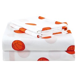 Chezmoi Collection 4-Piece Kids/Teens Sports Sheet Set - Soft Microfiber White Orange Basketball, Queen Size