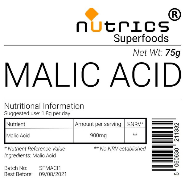 Nutrics® 100% Pure Malic Acid Pharmaceutical Grade Vegan Powder 200g - Nutrics Superfoods