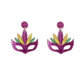 Acrylic Mardi Gras Mask Dangle Earrings for Women Hypoallergenic Purple Green Feather Fat Tuesday Carnival Statement Drop Dangling Stud Lightweight Cute Boho Holiday Party Jewelry