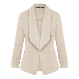 LADI TREND Womens Solid 3/4 Ruched Sleeve Open Front Lapel Work Office Blazer Jacket (Beige XL)