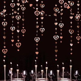 40 Ft Rose Gold Cross Heart Garlands 3D Hanging Paper Streamer for First Holy Communion Religious Christian Baptism Wedding Bridal Baby Shower Birthday Anniversary Engagement Party Decoration Supplies