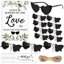 Saysurey 50 Sets Wedding Favors for Guests Sunglasses Wedding Party Gifts Wooden Love Sign Black Heart Glasses Mr & Mrs Sunglasses with Thank You Cards and Hemp Rope