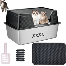 Suhaco Extra Large Stainless Steel Litter Box with Lid XXXL High Sided Cat Litter Boxes Included Litter Mat & Litter Scoop Anti-Urine Leakage Metal Pet Toilet for Big Cats (Black XXXL)