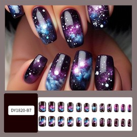 Starry Sky Gradient Press on Nails Short Square False Nails Clouds Acrylic Fake Nails Mirror Full Cover Glue on Nails for Women Girls