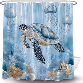 CWHCWA Sea Turtle Shower Curtain Teal Blue Ocean Beach Coastal Nautical Jellyfish Ocean Animal Coral Beach Underwater Marine Life Bath Curtain with Hooks