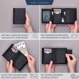 VON HEESEN Men's Leather Wallet with RFID Protection - Genuine Leather Wallet for Men - Women's Wallet, Black Saffiano, portrait large (trifold)