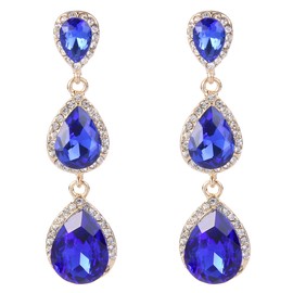 EleQueen Women's Gold-tone Austrian Crystal Teardrop Pear Shape 2.5 Inch Long Dangle Earrings Sapphire Color