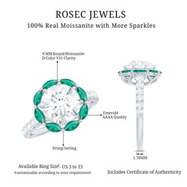 Certified Moissanite 9 mm Round Engagement Ring, D-Vs1 Quality, Moissanite Emerald Designer Ring in Silver - Ready To Gift, 925 Sterling Silver, Size:US 8.00