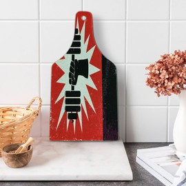 Ambesonne Fitness Cutting Board, Grunge Display of Hand Lifting Dumbbell Effect Workout Vintage Design, Decorative Tempered Glass Cutting and Serving Board, Wine Bottle Shape, Vermilion Black Cream