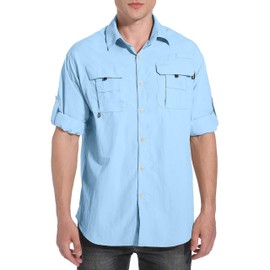 NOMINATE Mens Long Sleeve Fishing Shirts UPF 50+ UV Protection Sun Shirts Quick Drying Hiking Lightweight Blue
