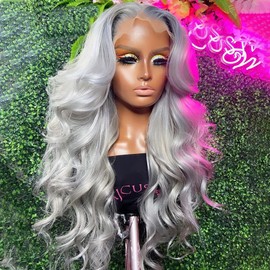 ANDRIA Gray Lace Front Wigs Long Body Wave Glueless Natural Wave Glueless lace Wig Synthetic Heat Resistant Fiber Hair Wig Pre Plucked With Baby Hair For Women 24 Inch