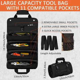 Tool Bag Roll Up, Heavy Duty Rolled Empty Tool Storage Organization, Portable Foldable Rollup Organizer with 2 Small Pouches, Rollable Carrying Toolbag, Dad Men Mechanic Birthday Gifts (Black)