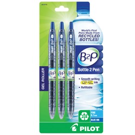 PILOT B2P Colors - Bottle to Pen Refillable & Retractable Rolling Ball Gel Pen Made From Recycled Bottles, Fine Point, Blue G2 Ink/Barrel, 3-Pack (31619).