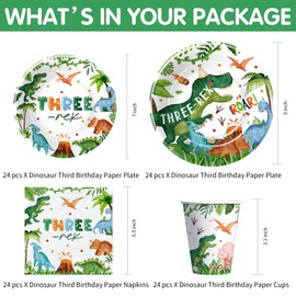 Srua Don Dinosaur 3rd Birthday Party Supplies Decorations, Dino Theme Three Rex Birthday Decorations, Paper Plates, Cups, Napkins, Tablecloth, Disposable Cutlery, Swirls, Banner, Serves 24