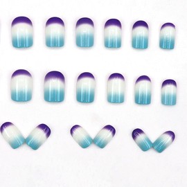 Gradient Color Square Press on Nails Short Fake Nails French Acrylic Full Cover False Nails for Women and Girls 24PCS(Blue & Purple)