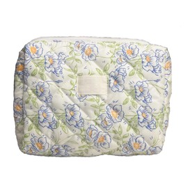 Long Keeper Große Kosmetiktaschen Florale Ästhetische Schminktasche für Damen Baumwoll Reise Make-up Tasche Blumen Kulturtasche Organizer Waschtasche (Blau Grün Blume)