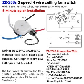 Ceiling Fan Switch ZE-208S Pull Chain Switch 3 Speed 4 Wire Switch Fan Replacement Part with 4 Pre-Installed Wires -Black Chain