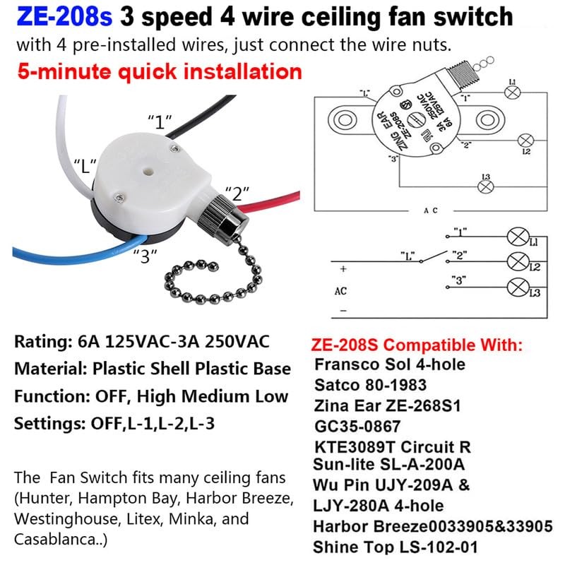 Ceiling Fan Switch ZE-208S Pull Chain Switch 3 Speed 4