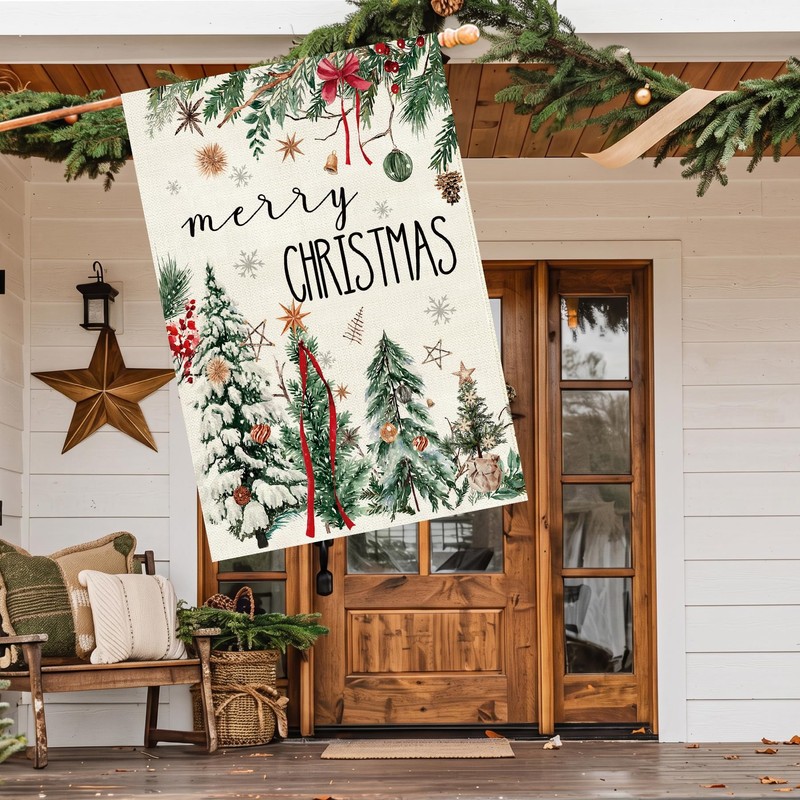 Christmas House Flag 28x40 Inch Large Winter Pine Trees Farmhouse