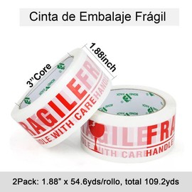 BOMEI PACK Cinta Frágil-Manejar con Cuidado Cinta de Impresión para Embalaje, 1.8Mil de Espesor, 1.88 Pulgadas x 54.6 Yardas por Rollo, Cinta Frágil para Embalaje de Cajas. (2)