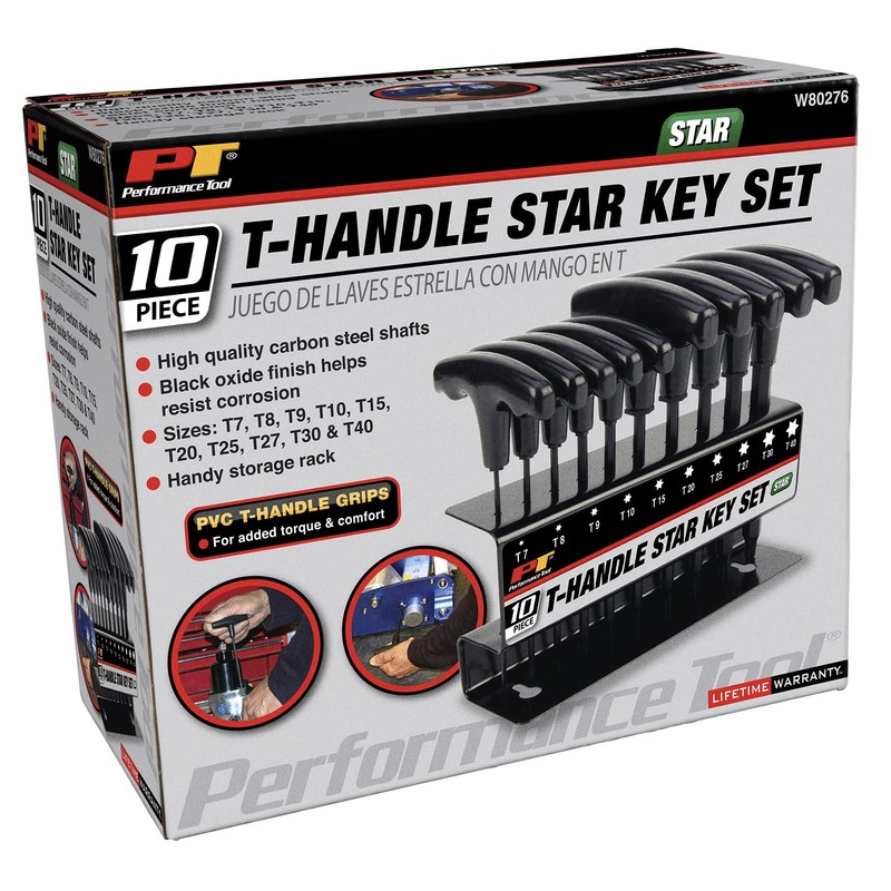 Performance Tool W80276 10-Piece Star T-Handle Allen Wrench Set, Long
