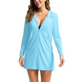 Women's UPF 50+ Swim Cover Up Sun Protection Hoodie Long Jacket SPF Lightweight Beach Cover Ups for Women(Sky Blue,L)