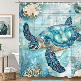 rzzlp Sea Turtle Blue Ocean Starfish Shower Curtain,Bathroom Shower Curtains Bathtub Home Decor Waterproof Fabric Machine Washable with 12 Hooks 72''×72''