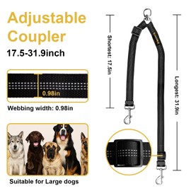 MingXpet Double Dog Leash for Two Dogs, No Pull Dog Leash, 360° Swivel No Tangle for Large Dogs Walking & Training, Shock Absorbing Reflective Bungee, Black