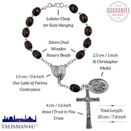 TALISMAN4U Saint Christopher Medal One Decade Catholic Rosary for Car Rearview Mirror Dark Brown Wood Prayer Beads Our Lady of Fatima Jesus Crucifix Pocket Rosaries Religious Gift for Men Women