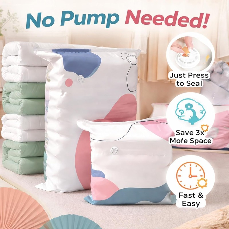 No‑pump Vacuum Storage Bags – Press & Seal, Reusable Space