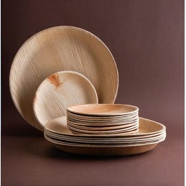 FOOGO Green 24pcs Disposable Palm Leaf Plates, 12x Large Round Plates, 12x Small Side Plates, Like Disposable Bamboo Plates, Strong Paper Plates, Party Wedding Plates, Eco Friendly Biodegradable