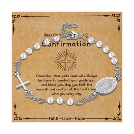Oidea Virgin Mary Cross Rosary Bracelet: Silver Catholic Beaded Bracelets for Women Virgin of Guadalupe Adjustable Link Chain Bracelet Confirmation Jewelry Gifts, White Beads