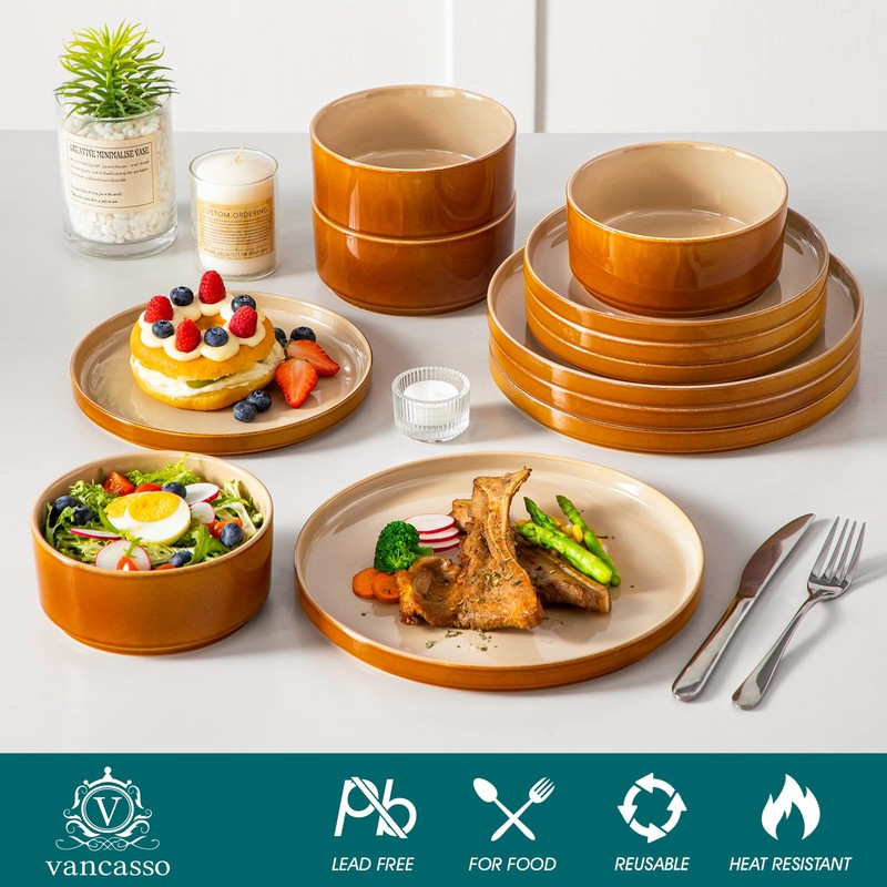 vancasso ONION Ceramic Plates and Bowls Sets, 12 Pieces Brown