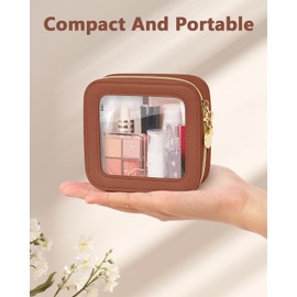 Soimeat Mini Makeup Bag, Small Makeup Bag for Purse, Waterproof Clear Makeup bag, Leather Cosmetic Bag, Square Make Up Bag Pouch, Toiletry Bag for Travel, Car and Women, Brown