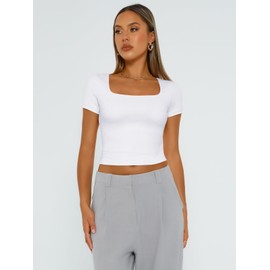 Trendy Queen Tshirts Shirts for Women Double Lined Going Out Crop Tops 2025 Spring Summer Workout Y2k Clothes Beach Fashion White XL