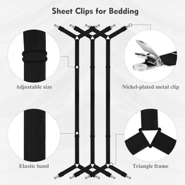 YibaiYi 3Pcs Bed Sheet Clips Adjustable Elastic Fitted Sheet Straps, Sheet Clips for Bedding Bed Sheet Straps for All Bed Sizes(Black)